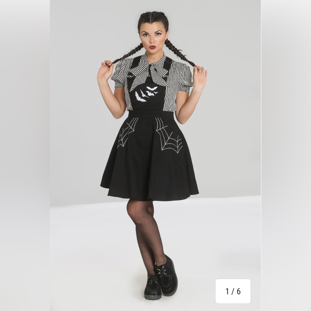 Hell Bunny Miss Muffet Pinafore Black Dress with Spider Web and Bat Design - Picture 3 of 6